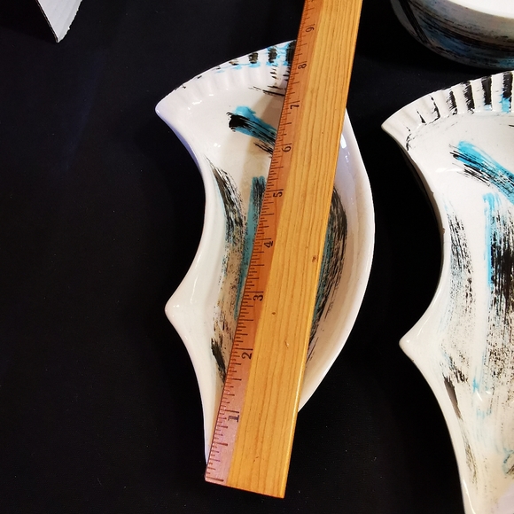 California Pottery Vintage Serving Set Blue and Black Brushstroke Plaid 6 Pieces - Picture 15 of 16